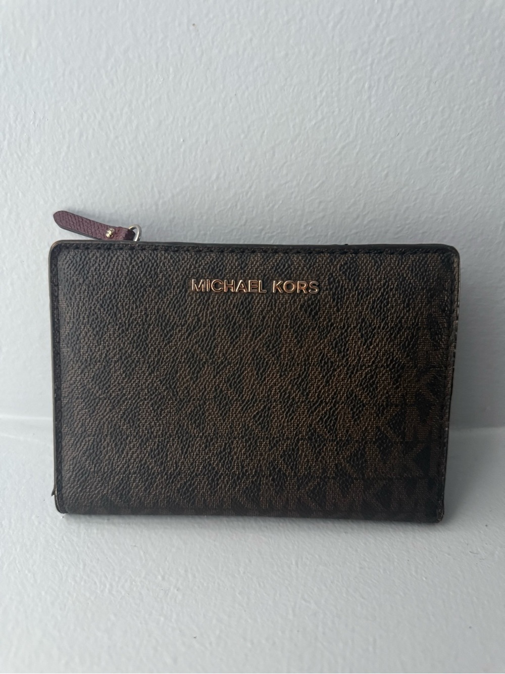Michael Kors Signature Brown Pink Burgundy Folding Wallet Cardholder Logo Zipper